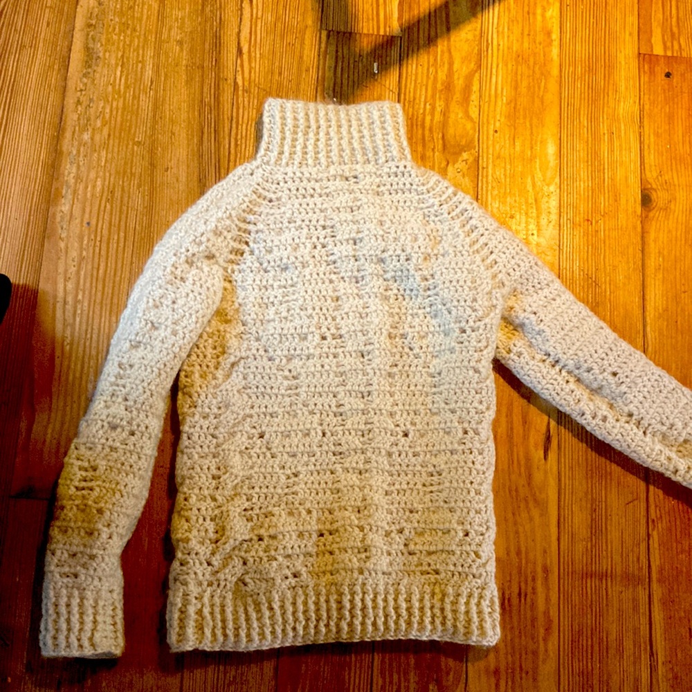 Beautiful fishermen sweater hand knit in Maine. Cream colored. Best fits a small